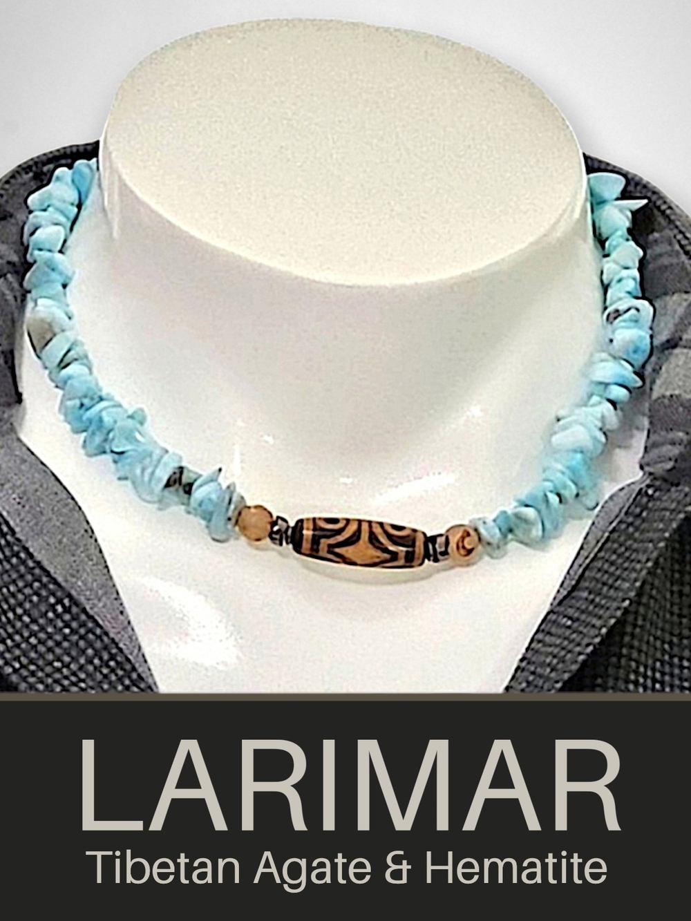 Hand Crafted Larimar Chip Necklace with Tibetan Agate Focal Bead - Light Blue